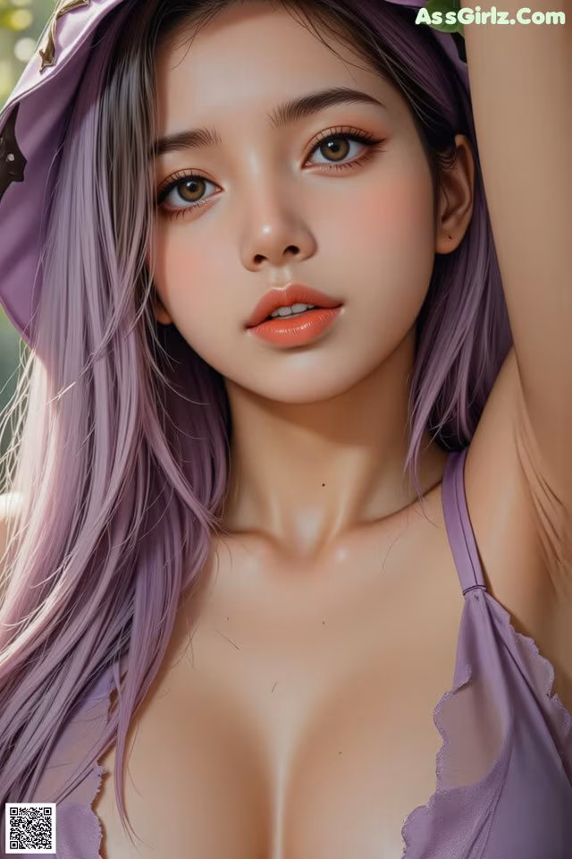 A woman with purple hair wearing a purple hat.