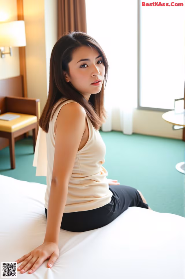 A woman sitting on a bed in a hotel room.