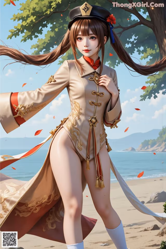 A woman in a military uniform standing on a beach.
