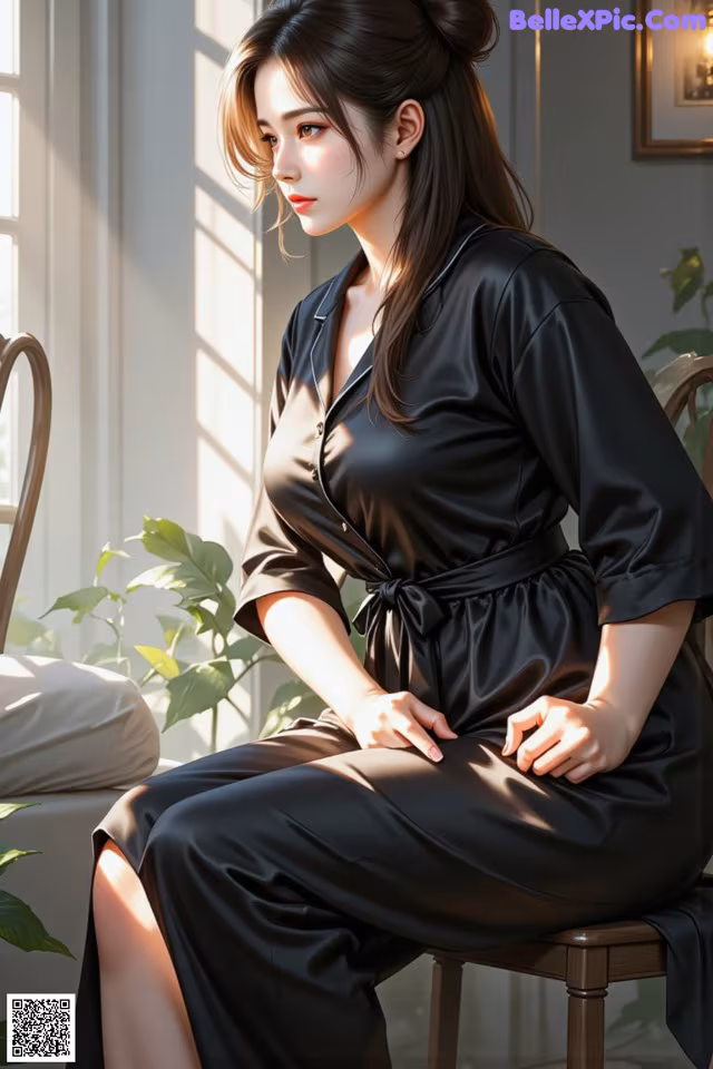 A woman sitting on a chair wearing a black robe.