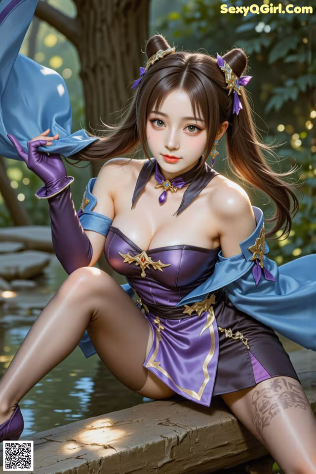 A woman in a purple and blue outfit sitting on a wooden bench.