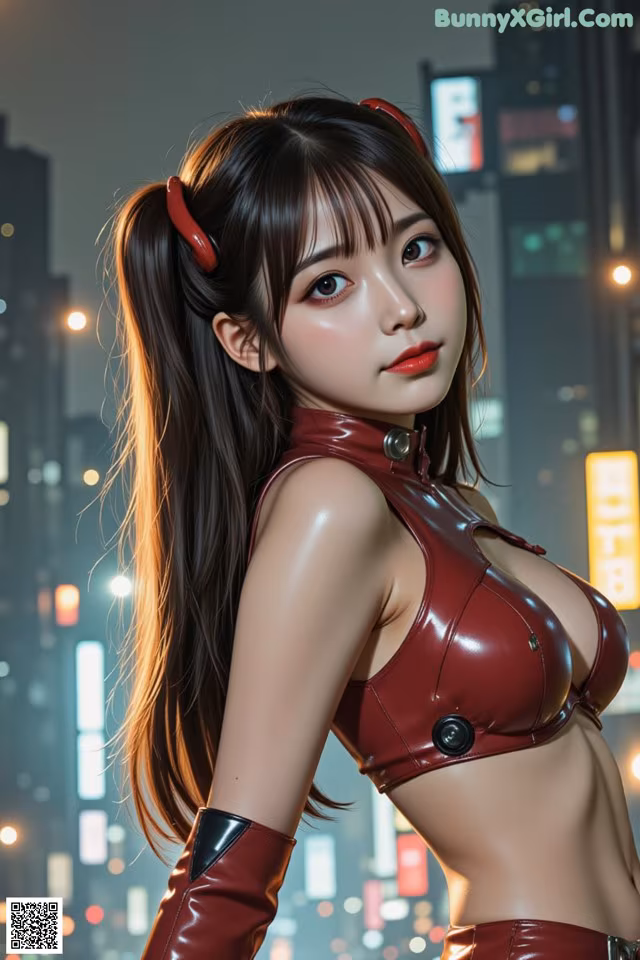 A woman in a red leather outfit posing for a picture.