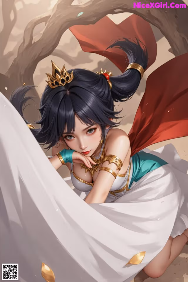 A woman in a white dress with a crown on her head.