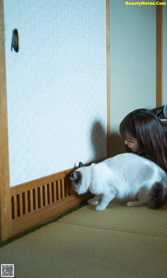 A woman is petting a white cat on the floor.