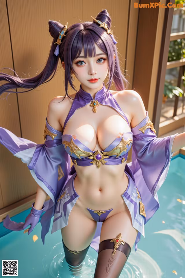 A woman in a purple outfit is standing in a pool.