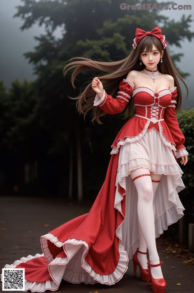 A woman in a red and white dress is posing for a picture.